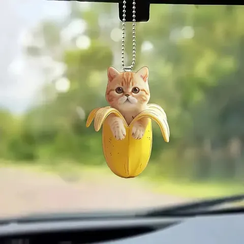 Mignon Chat Banane Acrylique Porte-Clés Dessin Animé Animal Pendentif Charme De Sac Voiture Rétroviseur Suspendu Ornement Cadeau