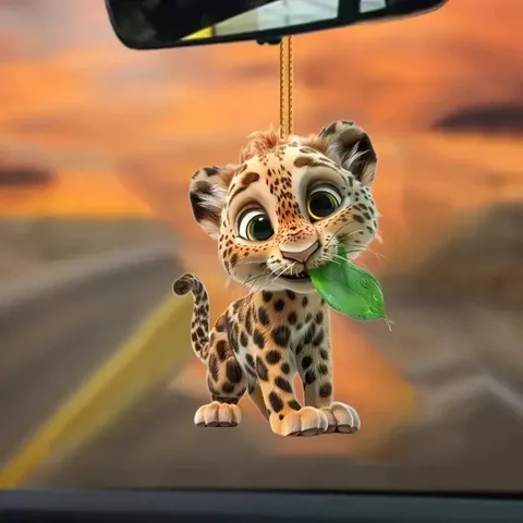 Pendentif Rétroviseur de Voiture Léopard de Dessin Animé Ornement Suspendu en Acrylique Plat Charmant Porte-clés de Sac
