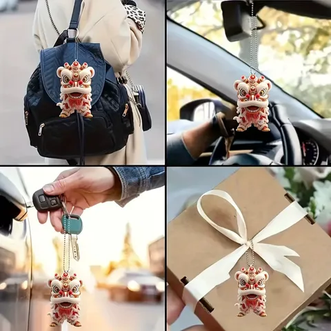 Pendentif Acrylique de Danse du Lion Chinoise Ornement Suspendu pour Rétroviseur de Voiture Breloque de Sac