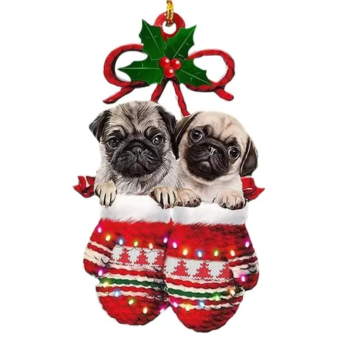 Pendentif D'Arbre De Noël Plat En Acrylique 2D Chien Mignon Chapeau De Père Noël Cadeau De Noël Ornement Suspendu Décoration De Fête Fournitures De Vacances