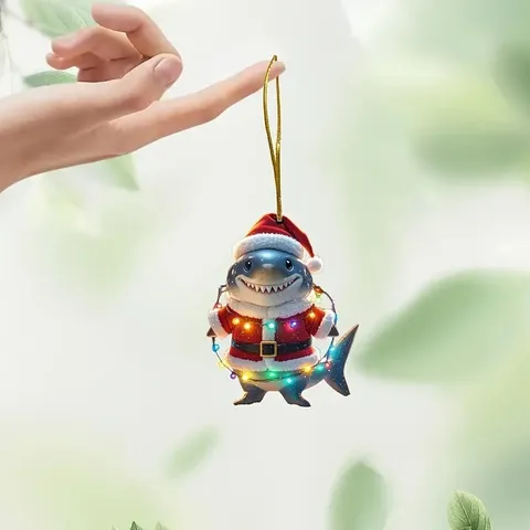 Acrylic Christmas Small Shark Decorative Pendant Cartoon Holiday Hanging Ornament For Car Rearview Mirror Keychain
