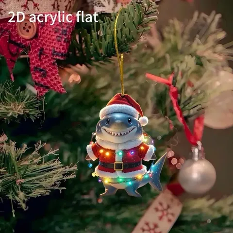 Acrylic Christmas Small Shark Decorative Pendant Cartoon Holiday Hanging Ornament For Car Rearview Mirror Keychain