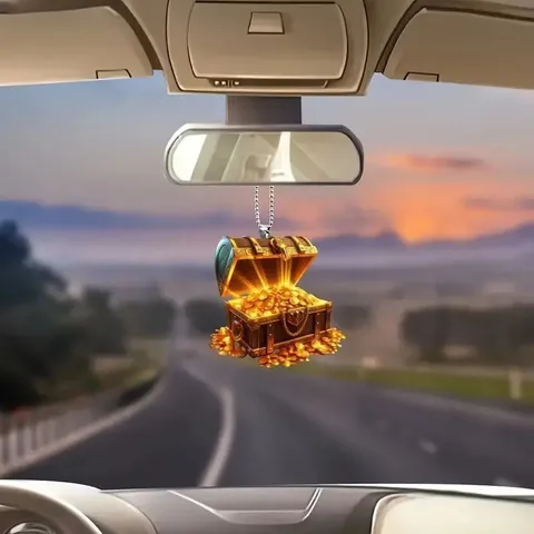 Flat Acrylic Treasure Chest Pendant Car Rearview Mirror Hanging Ornament Backpack Charm Fashion Interior Decoration