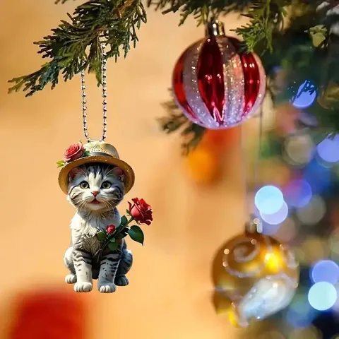 Cute Straw Hat Rose Kitten Car Acrylic Pendant Cute Cartoon Flower Cat Rearview Mirror Hanging Ornament Backpack Key Chain