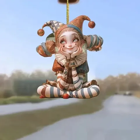 Porte-Clés Fille Clown en Acrylique Mignon Bouffon Dessin Animé Ornement Suspendu Rétroviseur de Voiture Charme de Sac Cadeau
