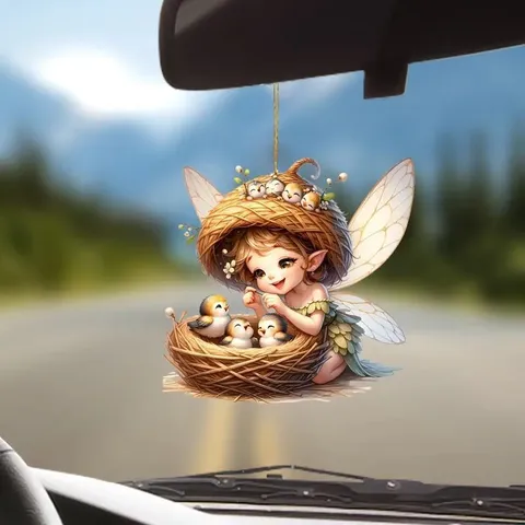 Cute Bird's Nest Little Angel Girl Acrylic Flat Pendant Car Interior Hanging Ornament Home Decor Gift