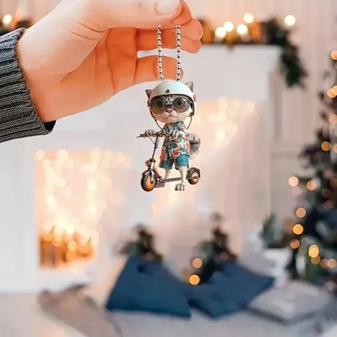 Cartoon Scooter Cat Acrylic Pendant Car Rearview Mirror Hanging Ornament Cute Backpack Decor Fashion Accessory