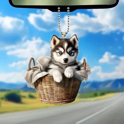 Ornement suspendu de chien husky en acrylique 2D, mignon chiot dans un panier, pendentif pour rétroviseur de voiture, décoration de sapin de Noël