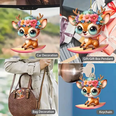 Simpatico Cervo Cartone Animato Acrilico Ciondolo Piatto Specchietto Retrovisore Auto Ornamentale Portachiavi Ciondolo Borsa Regalo Decorazione Moda