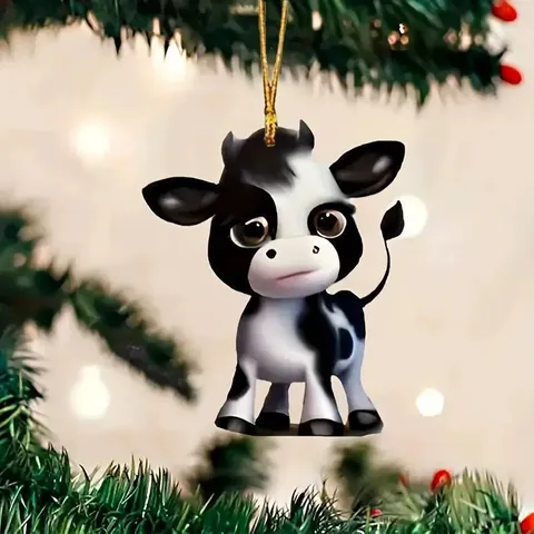 Cute Cartoon Cow Acrylic Pendant 2D Flat Hanging Ornament For Car Rearview Mirror Backpack Home Christmas Decoration