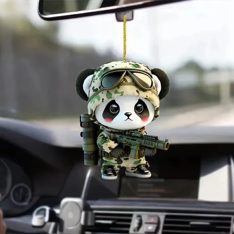 Pendentif Soldat Panda en Acrylique Porte-clés Ours Militaire Cartoon Rétroviseur De Voiture Ornement Suspendu Sac À Dos Charme