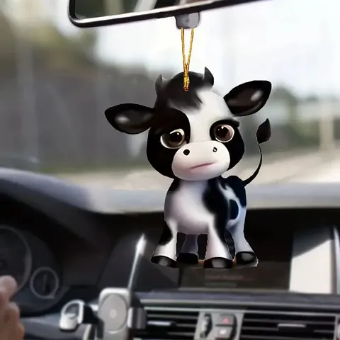 Cute Cartoon Cow Acrylic Pendant 2D Flat Hanging Ornament For Car Rearview Mirror Backpack Home Christmas Decoration