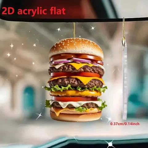 Pendentif Hamburger en Acrylique 2D Créatif Mignon Dessin Animé Fast Food Voiture Rétroviseur Suspendu Ornement Porte-Clés Breloque de Sac