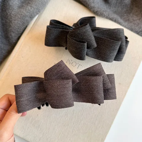 Élégante Pince Banane à Nœud Automne Hiver pour Femme Gris Brun Ruban en Tissu Épingle à Cheveux Support de Queue de Cheval Accessoires de Coiffure