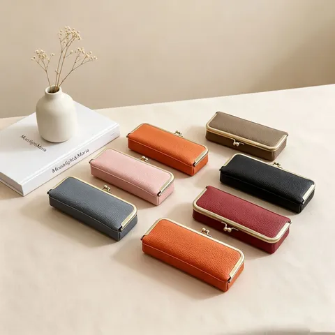 Genuine Leather Glasses Case Portable Sunglasses Storage Bag Kiss Lock Makeup Pouch Minimalist Style Accessory