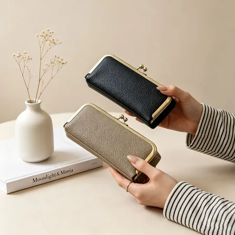 Genuine Leather Glasses Case Portable Sunglasses Storage Bag Kiss Lock Makeup Pouch Minimalist Style Accessory