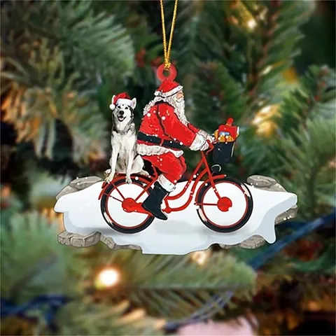 Pendentif Ornement Suspendu Sapin De Noël Père Noël Et Chien À Vélo En Acrylique Plat Fête De Vacances Décoration De Maison Cadeau
