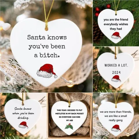 Acrylic Christmas Heart Shaped Ornament Funny Holiday Hanging Sign Xmas Tree Decor Home Party Decoration Gift