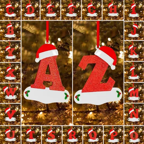 Red Glitter Christmas Tree Letter Hanging Ornament Acrylic Alphabet Pendant Xmas Tree Decor For Party Home