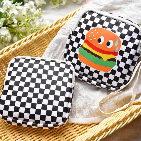 Cute Checkerboard Burger Print Portable PU Leather Cosmetic Bag Square Storage Pouch For Travel Makeup Sanitary Napkins