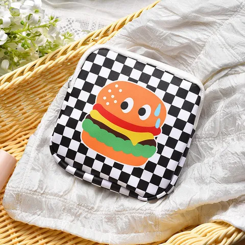 Cute Checkerboard Burger Print Portable PU Leather Cosmetic Bag Square Storage Pouch For Travel Makeup Sanitary Napkins