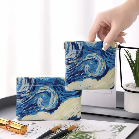 Portable PU Leather Makeup Bag Starry Night Oil Painting Print Shrapnel Cosmetic Pouch Mini Lipstick Storage Bag For Travel Daily