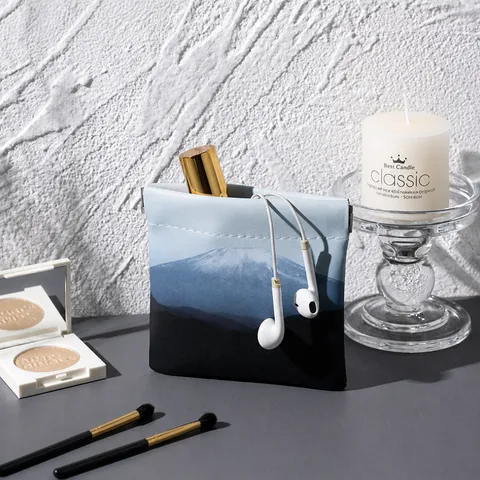 Waterproof PU Leather Makeup Bag Portable Mini Cosmetic Pouch Travel Toiletry Organizer With Mount Fuji Print For Women