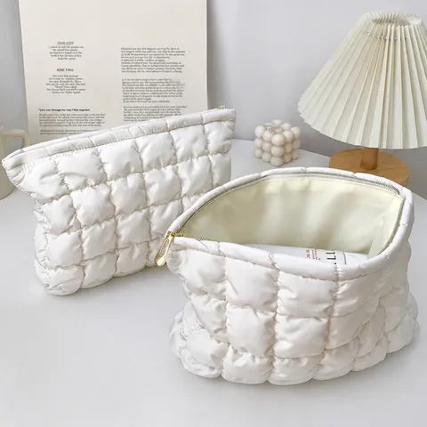 Fashion Quilted Cotton Cosmetic Bag Large Capacity Makeup Pouch Zipper Storage Handbag For Women Travel Daily Use