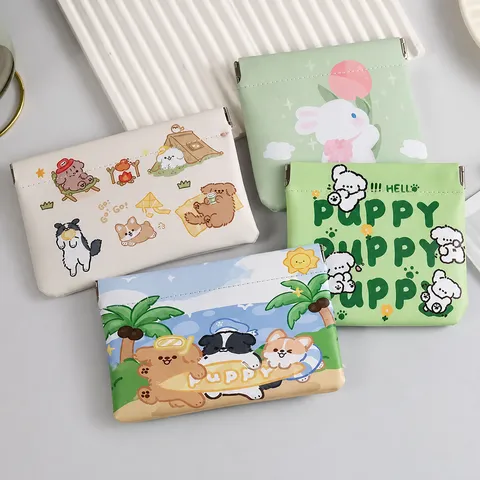 Portable PU Leather Cosmetic Bag Cute Cartoon Animal Printed Spring Loaded Automatic Closing Storage Pouch For Travel