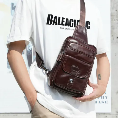 Men's Genuine Leather Chest Bag Vintage Oil Wax Crossbody Bag Casual Multi-Pocket Business Travel Sling Bag