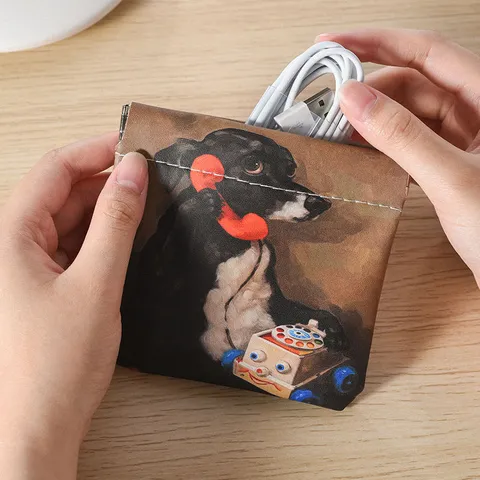 PU Leather Automatic Closing Storage Bag Retro Cute Animal Print Portable Lipstick Coin Pouch Earphone Cable Organizer