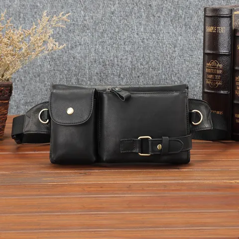 Men Genuine Leather Waist Bag Vintage Chest Pack Multi-Pocket Outdoor Sports Crossbody Bag Retro Fanny Pack