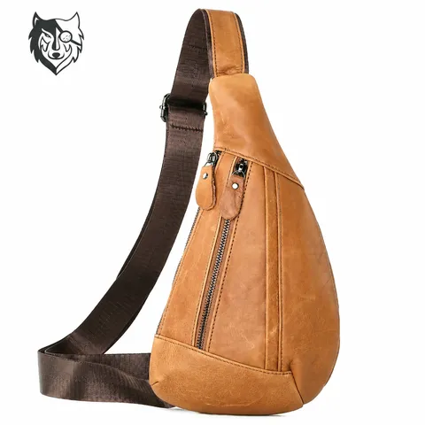 Men's Genuine Leather Chest Bag Multifunctional Casual Crossbody Bag Waterproof Outdoor Travel Shoulder Bag Solid Color