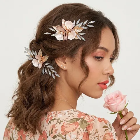 Handgemachte Blumen Haarkamm Set Künstliche Perle Hochzeit Haarschmuck Gold Metall Haarschmuck Braut Hochsteckfrisur Haarschmuck