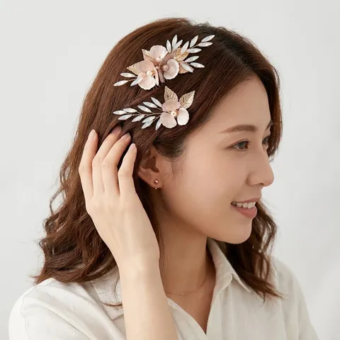 Handgemachte Blumen Haarkamm Set Künstliche Perle Hochzeit Haarschmuck Gold Metall Haarschmuck Braut Hochsteckfrisur Haarschmuck