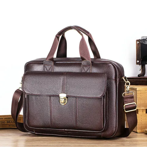 Men Genuine Cowhide Leather Briefcase Large Capacity Business Laptop Bag Vintage Casual Crossbody Shoulder Bag