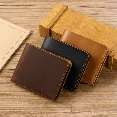 Men Genuine Leather Short Wallet Vintage Crazy Horse Leather Bifold Purse Multi Card Slots Coin Pocket Wallet For Men