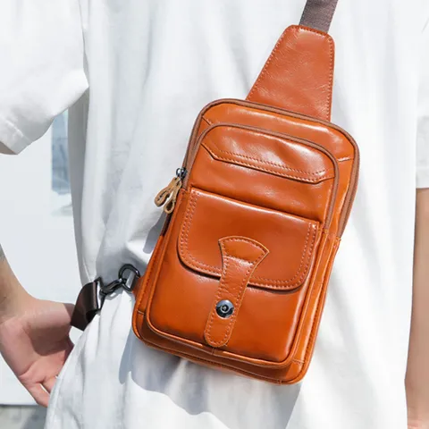 Men's Genuine Leather Chest Bag Vintage Oil Wax Crossbody Bag Casual Multi-Pocket Business Travel Sling Bag