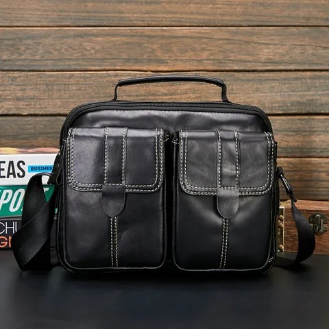 Genuine Leather Mens Messenger Bag Business Casual Crossbody Shoulder Bag Vintage Cowhide Briefcase With Multi Pockets