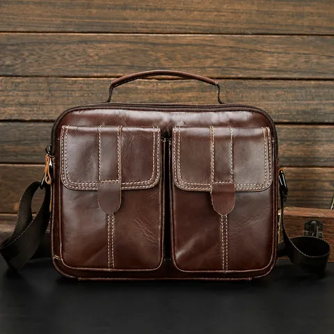 Genuine Leather Mens Messenger Bag Business Casual Crossbody Shoulder Bag Vintage Cowhide Briefcase With Multi Pockets