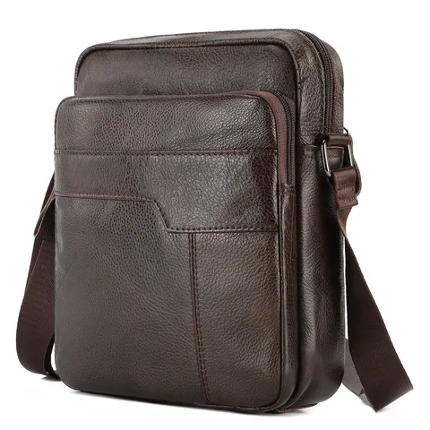 Men's Genuine Leather Shoulder Bag Retro Business Crossbody Bag With Stitching Multiple Pockets For Travel Commute