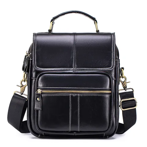 Men Genuine Leather Crossbody Bag Vintage Business Casual Shoulder Bag Top Layer Cowhide Messenger Bag with Multiple Pockets