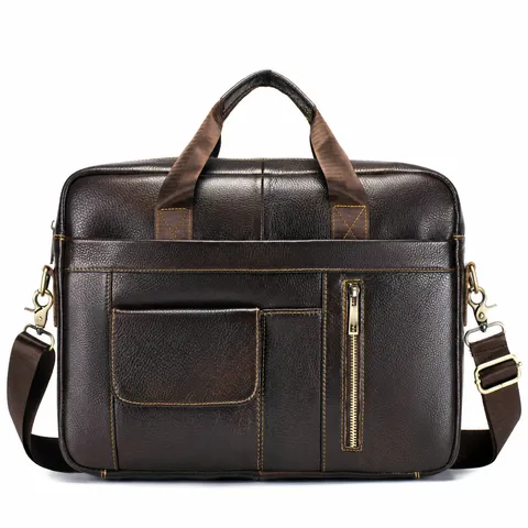 Men Genuine Leather Briefcase 14 Inch Laptop Bag Large Capacity Business Handbag Urban Minimalist Stitching Office Bag