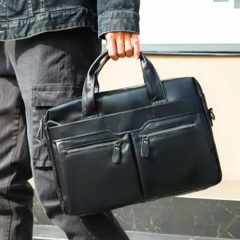 Men's Genuine Leather Briefcase Vintage Business Laptop Bag Casual Shoulder Crossbody Bag For Work Travel