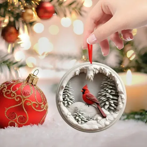 Christmas Tree Acrylic Hanging Ornament Winter Snow Scene Cardinal Deer Car Rearview Mirror Pendant Holiday Party Decor