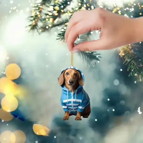 2D Acrylic Christmas Dog Pendant Cute Dachshund Keychain Rearview Mirror Hanging Ornament Holiday Home Party Decor Gift