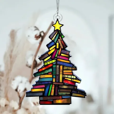 Acrylic Christmas Tree Book Hanging Ornament Festive Holiday Party Home Decor Colorful Stacked Books Pendant With Chain