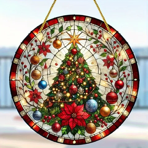 Acrylic 2D Flat Round Hanging Ornament Stained Glass Style Decorative Pendant For Home Christmas Holiday Party Window Wall Decor