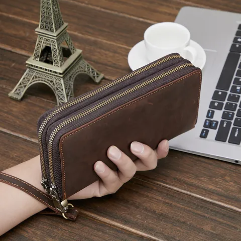 Men's Vintage Genuine Leather Long Wallet Cowhide Double Zipper Clutch Purse Business Travel Wallet With Wrist Strap