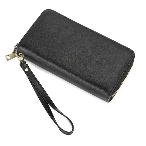 Men's Vintage Genuine Leather Long Wallet Cowhide Double Zipper Clutch Purse Business Travel Wallet With Wrist Strap
